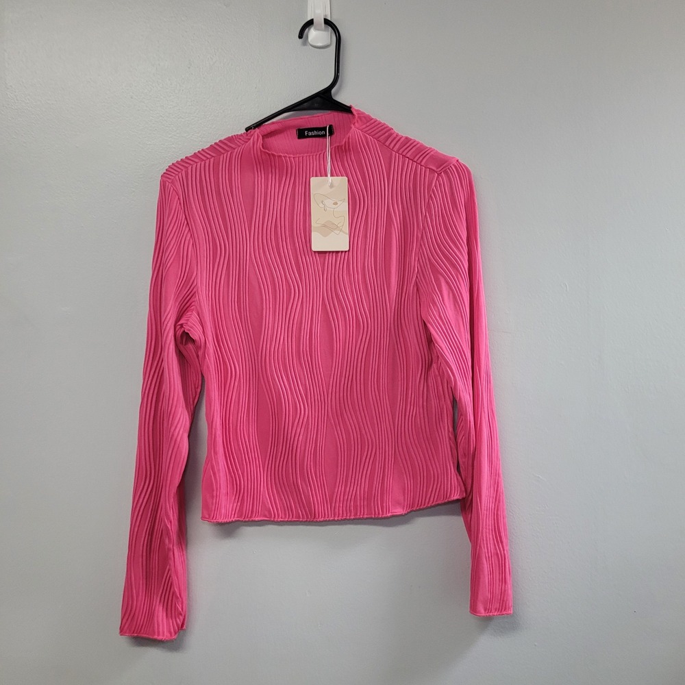 Fashion Womens Hot Pink Ribbed Plissé Long Sleeve Mock Neck Top Medium